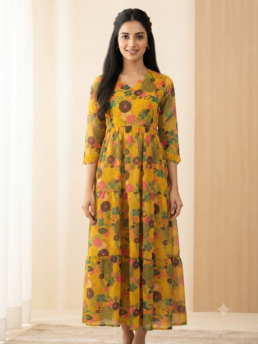 Mustard Yellow Floral Print Full Length Georgette Non Feeding Gown