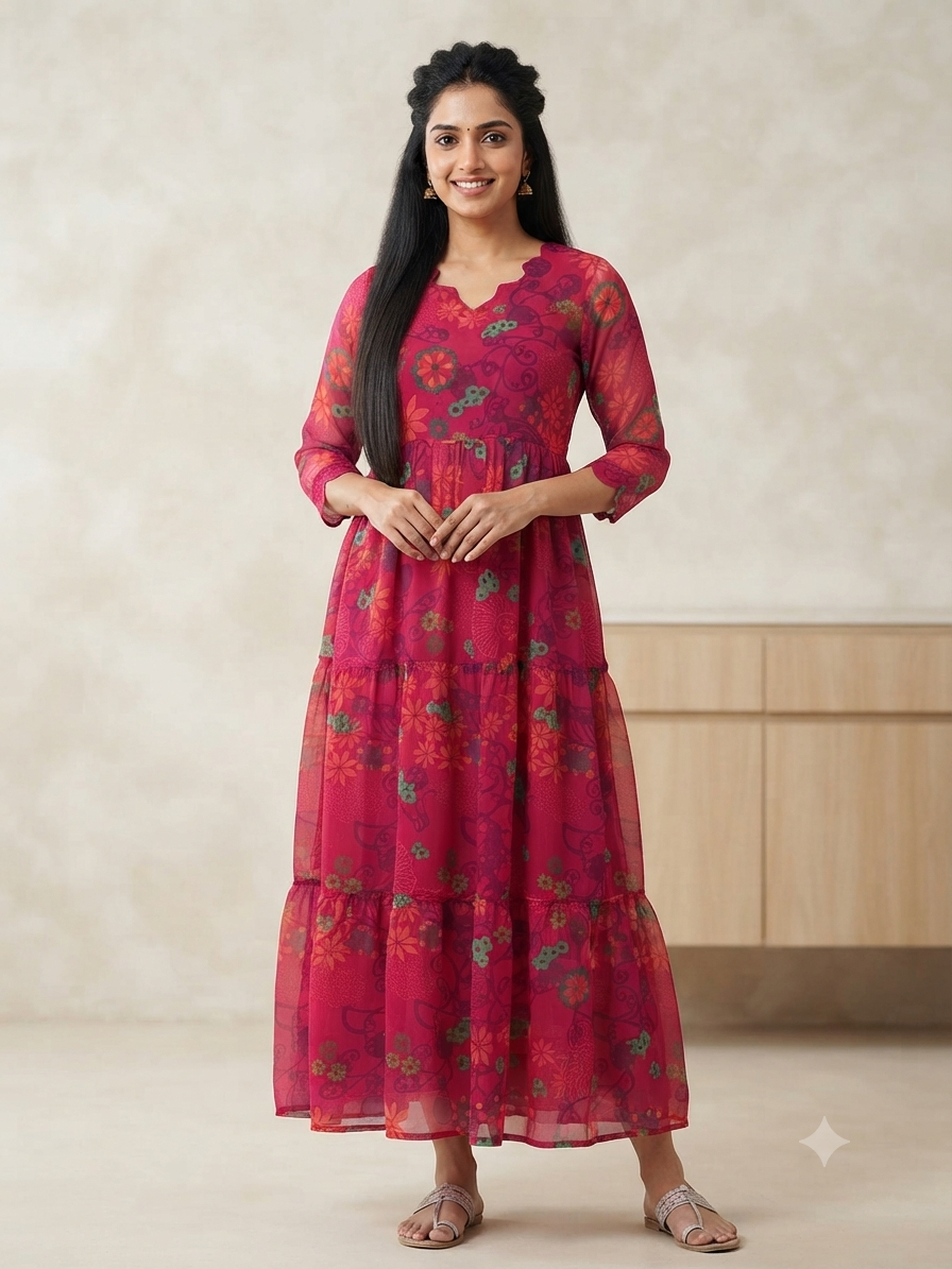 Magenta Pink Floral Print Full Length Georgette Non Feeding Gown