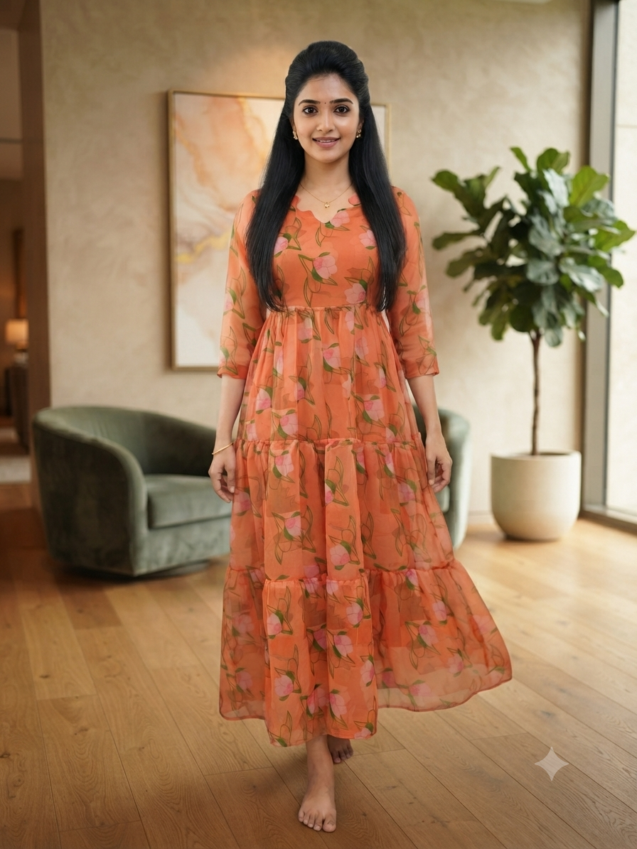 Peach Orange Floral Print Full Length Georgette Non Feeding Gown