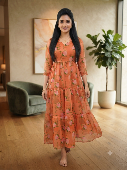Peach Orange Floral Print Full Length Georgette Non Feeding Gown