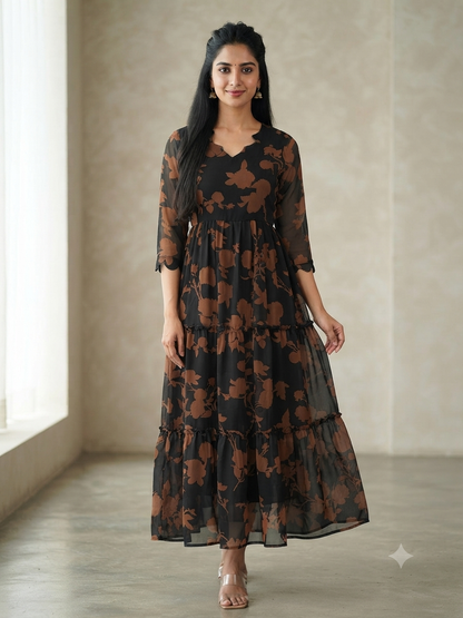 Black & Coffee Brown Floral Print Full Length Georgette Non Feeding Gown