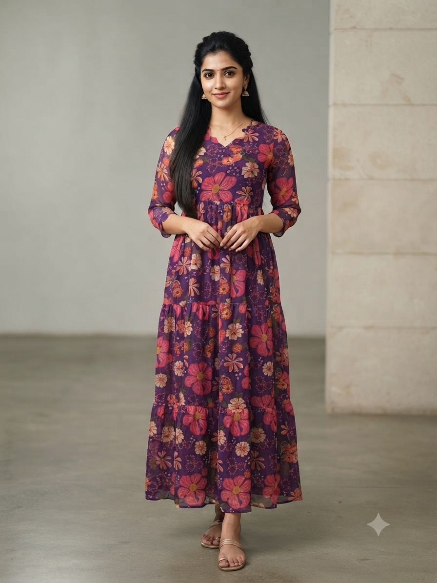 Purple Floral Print Full Length Georgette Non Feeding Gown