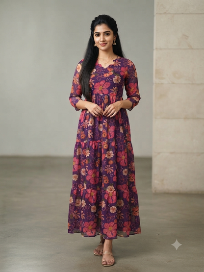 Purple Floral Print Full Length Georgette Non Feeding Gown