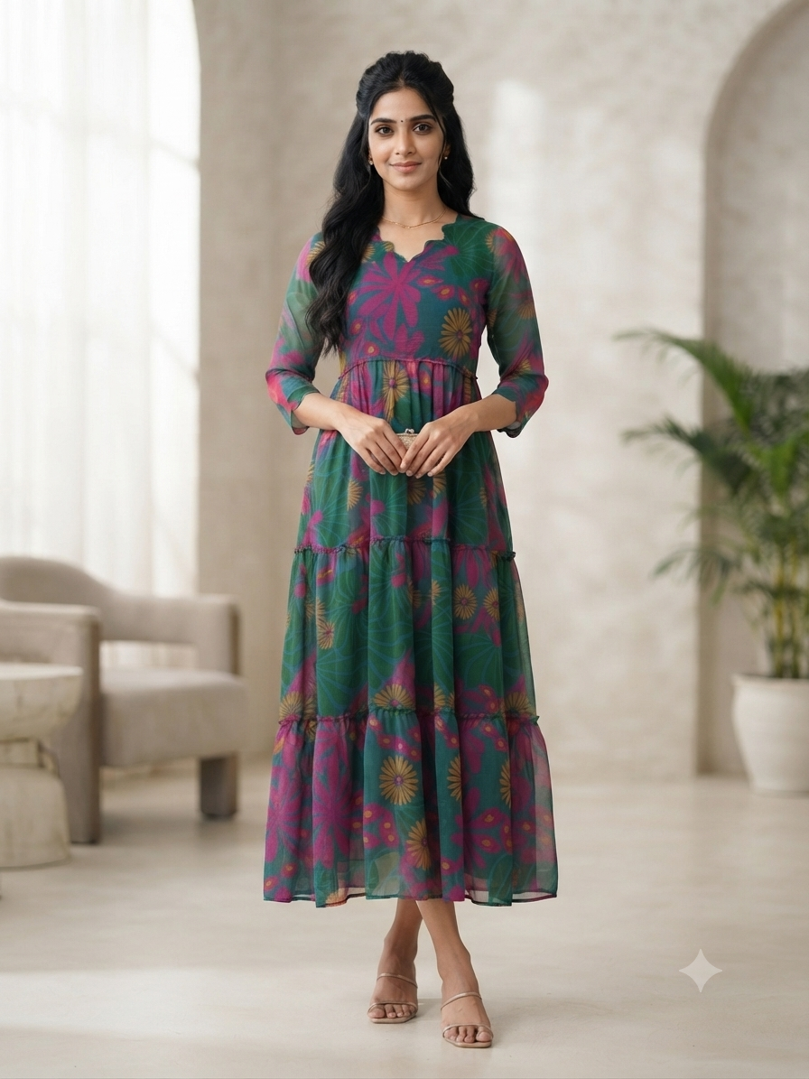 Teal Green & Magenta Floral Print Full Length Georgette Non Feeding Gown