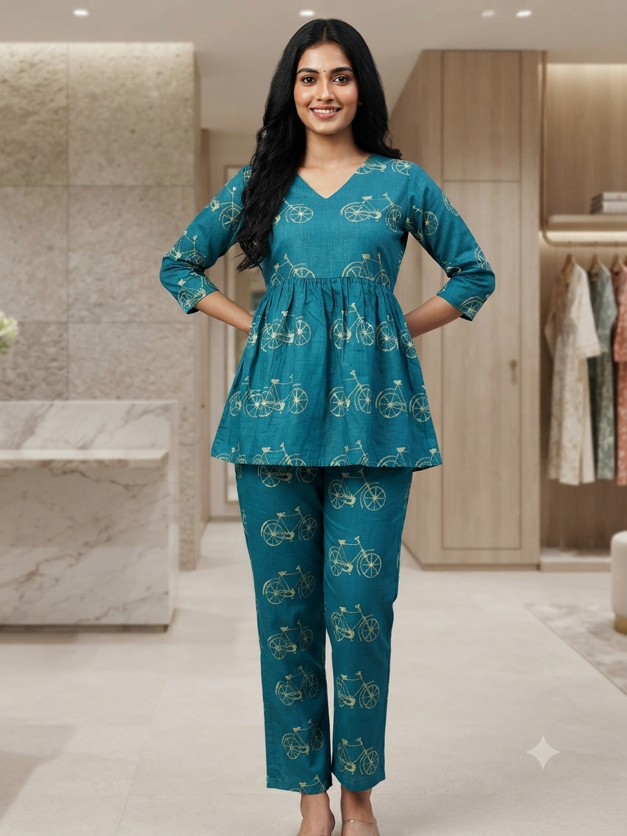 Turquoise Bicycle Print Peplum Top with Palazzo Set