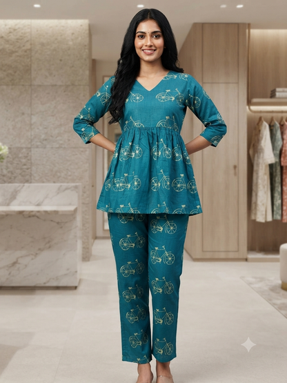 Turquoise Bicycle Print Peplum Top with Palazzo Set