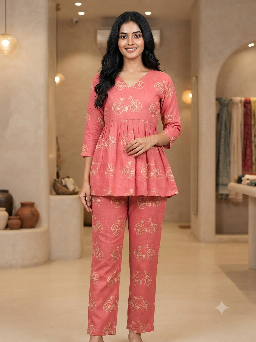 Coral Bicycle Print Peplum Top with Palazzo Set