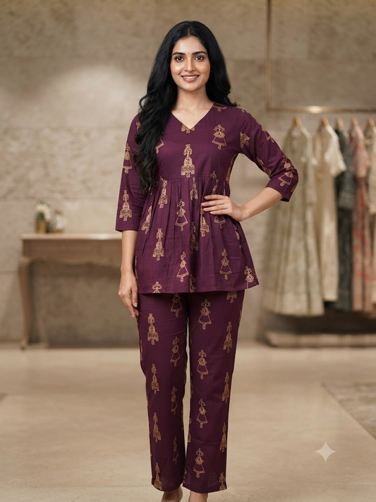 Plum Tribal Doll Print Peplum Top with Palazzo Set