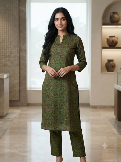 Olive Green Floral Vine Printed Co-ords