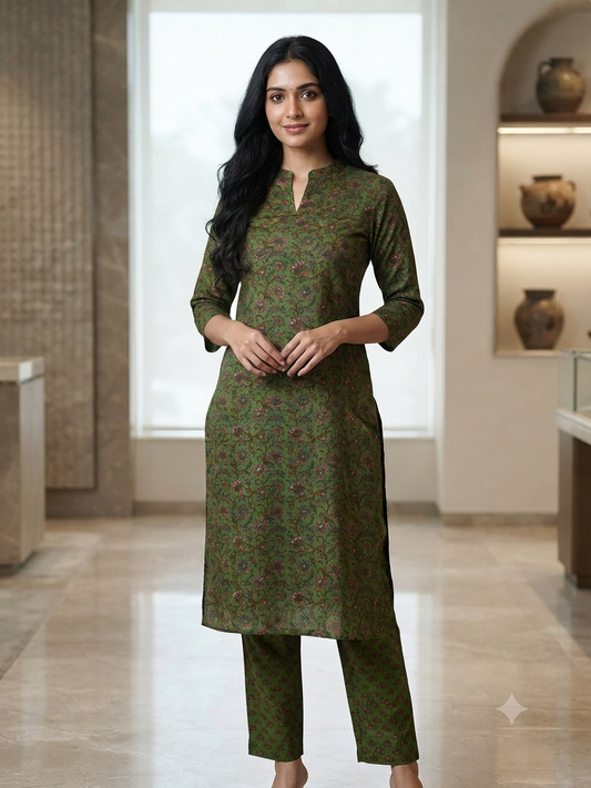 Olive Green Floral Vine Printed Co-ords
