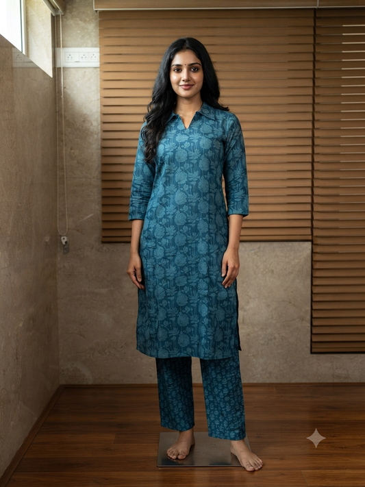 Teal Blue Botanical Printed Co-ords