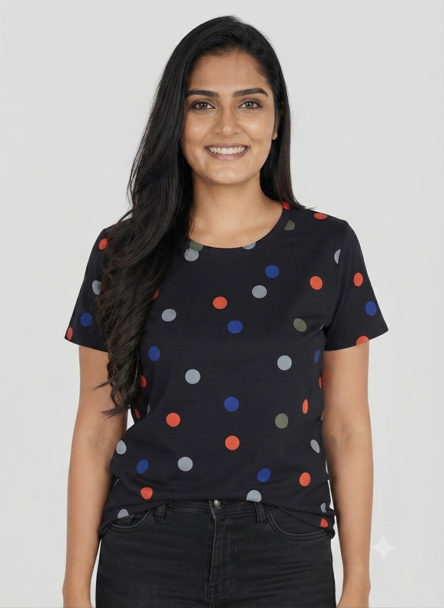 Navy Blue Polka Dot Print Women’s T-Shirt