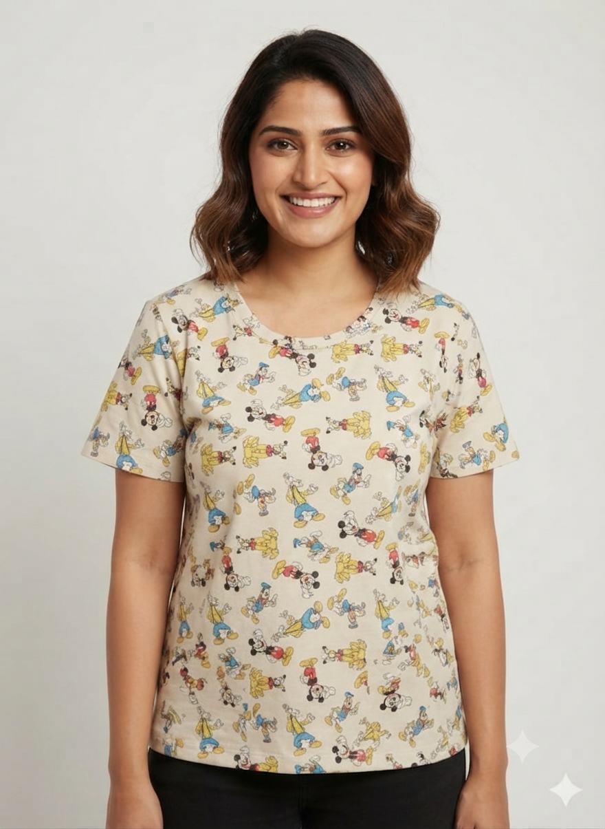 Beige Cartoon Character Print Women’s T-Shirt