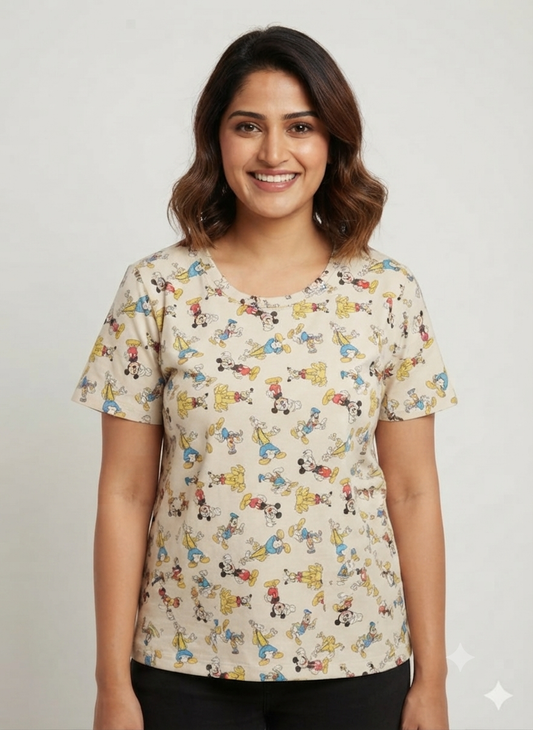 Beige Cartoon Character Print Women’s T-Shirt