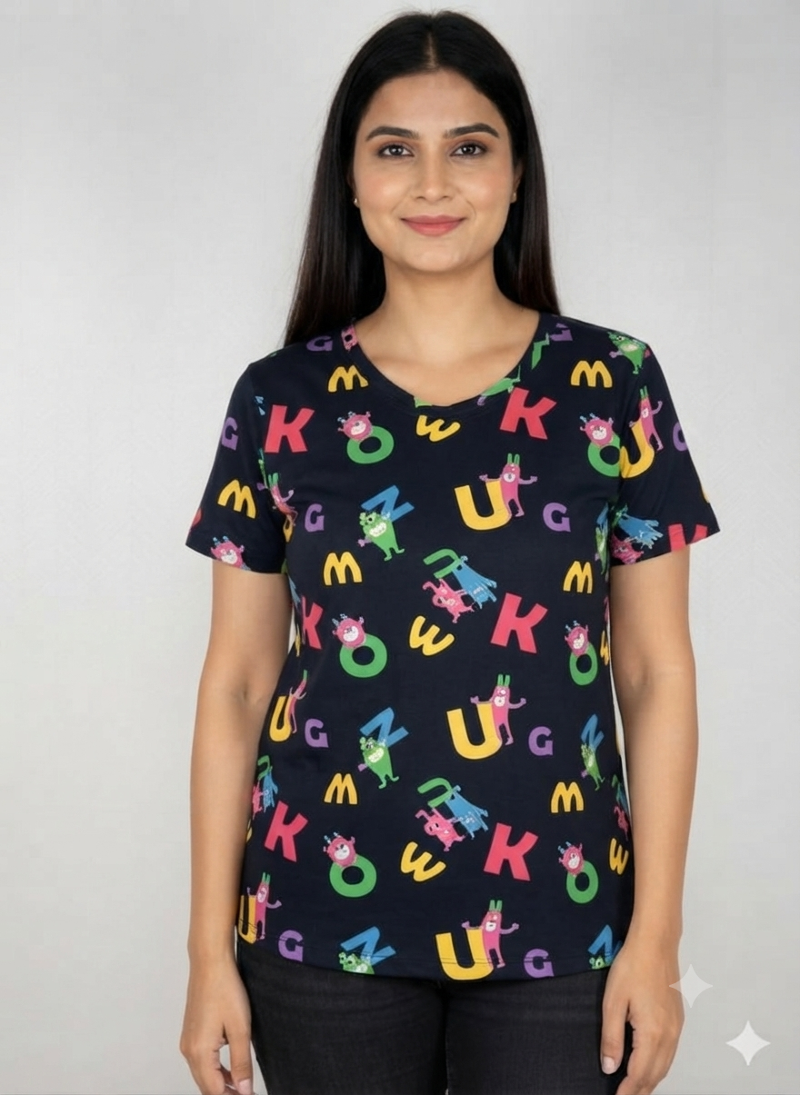 Navy Alphabet Monster Print Women's T-Shirt