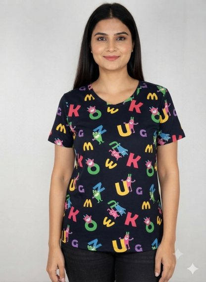 Navy Alphabet Monster Print Women's T-Shirt