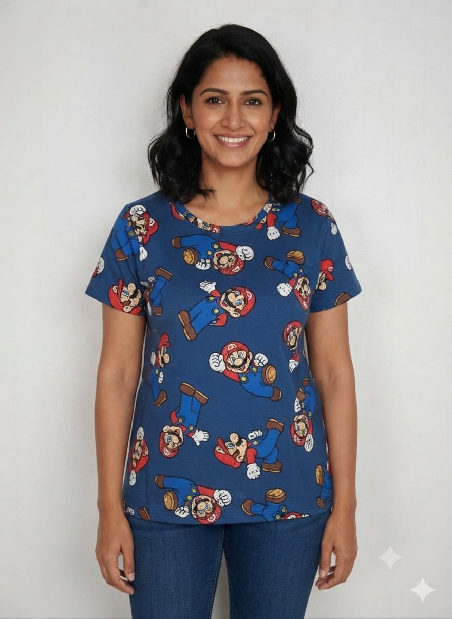 Navy Blue Mario Print Women’s T-Shirt