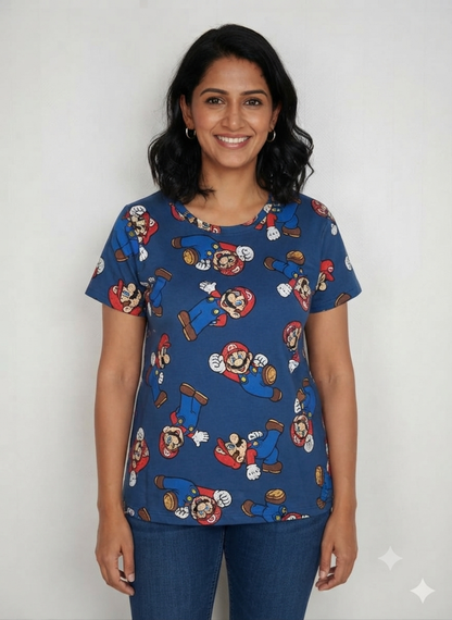 Navy Blue Mario Print Women’s T-Shirt