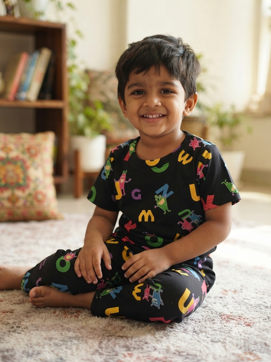 Kids Black Alphabet Print T-Shirt & Pants Co-ord Set