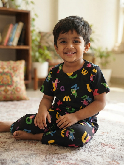 Kids Black Alphabet Print T-Shirt & Pants Co-ord Set