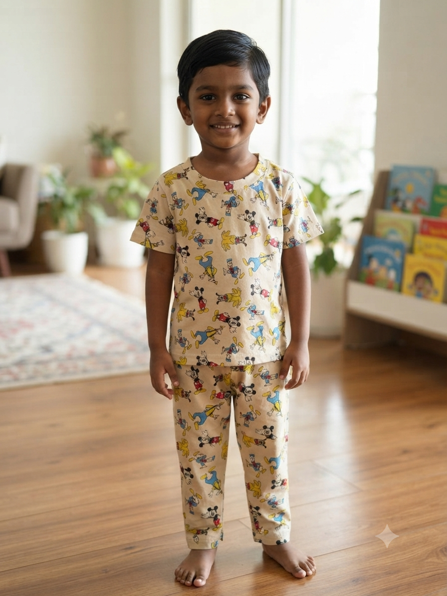 Kids Beige Cartoon Character Print T-Shirt & Pants Co-ord Set