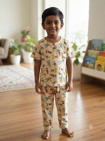 Kids Beige Cartoon Character Print T-Shirt & Pants Co-ord Set