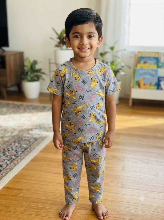 Kids Grey Lion Print T-Shirt & Pants Co-ord Set