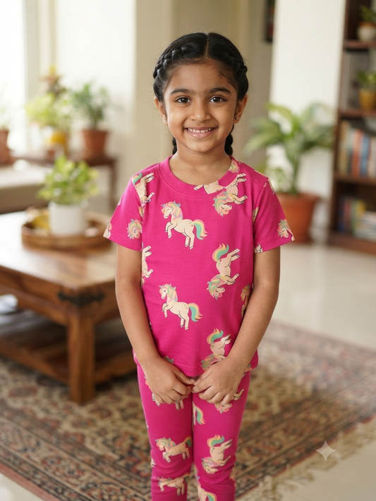 Kids Pink Unicorn Print T-Shirt & Pants Co-ord Set