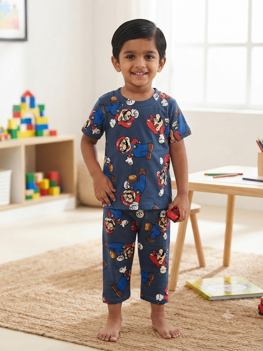 Kids Navy Blue Mario Print T-Shirt & Pants Co-ord Set