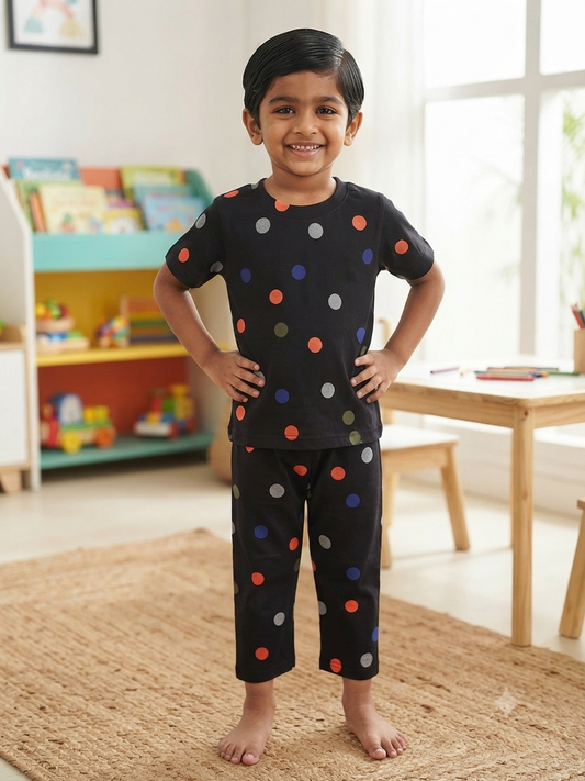 Kids Navy Blue Polka Dot Print T-Shirt & Pants Co-ord Set