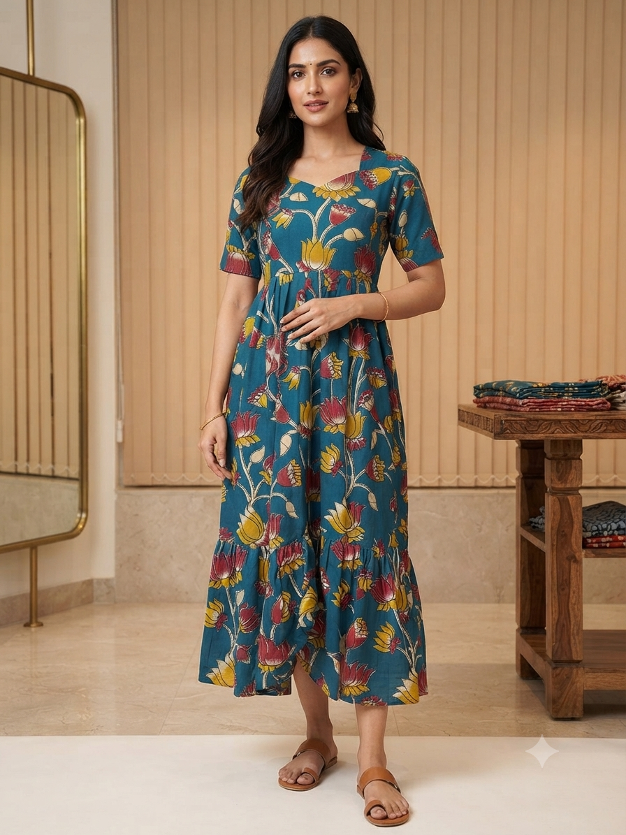 Kalamkari Navy Blue Floral Cotton Frock