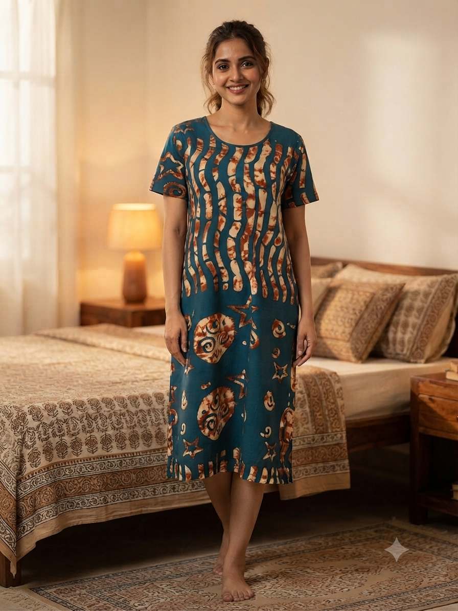 Teal Blue Batik Tribal Print Lounge Tunic