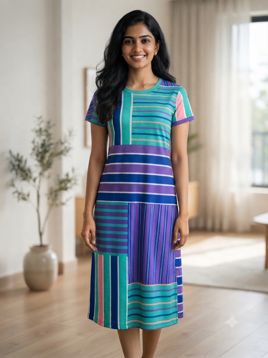 Aqua Teal & Royal Purple Patchwork Stripe Lounge Tunic