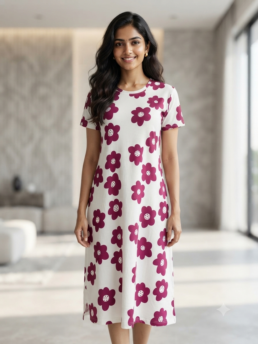 Ivory White Magenta Daisy Floral Lounge Tunic