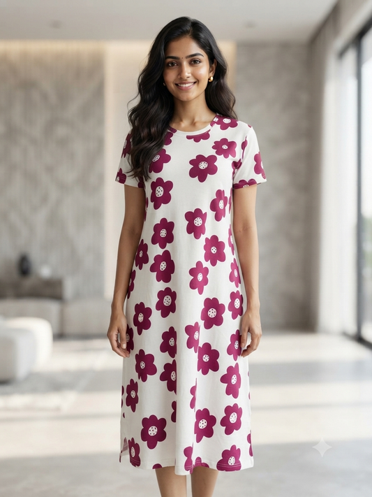 Ivory White Magenta Daisy Floral Lounge Tunic
