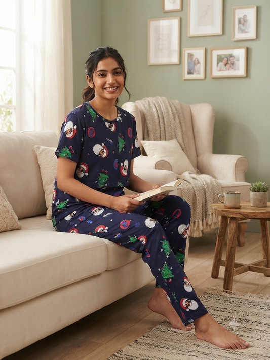 Navy Blue Christmas Cheer Feeding T-Shirt with Pant