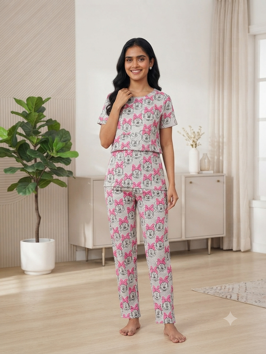 Melange Grey Pink Daisy Duck Feeding T-Shirt with Pant