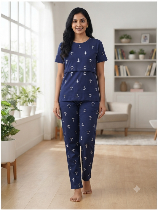Navy Blue Nautical Anchor Feeding T-Shirt with Pant