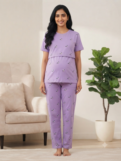 Lavender Tiny Sparrow Feeding T-Shirt with Pant