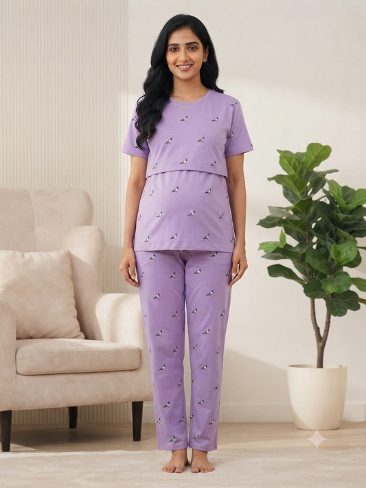 Lavender Tiny Sparrow Feeding T-Shirt with Pant
