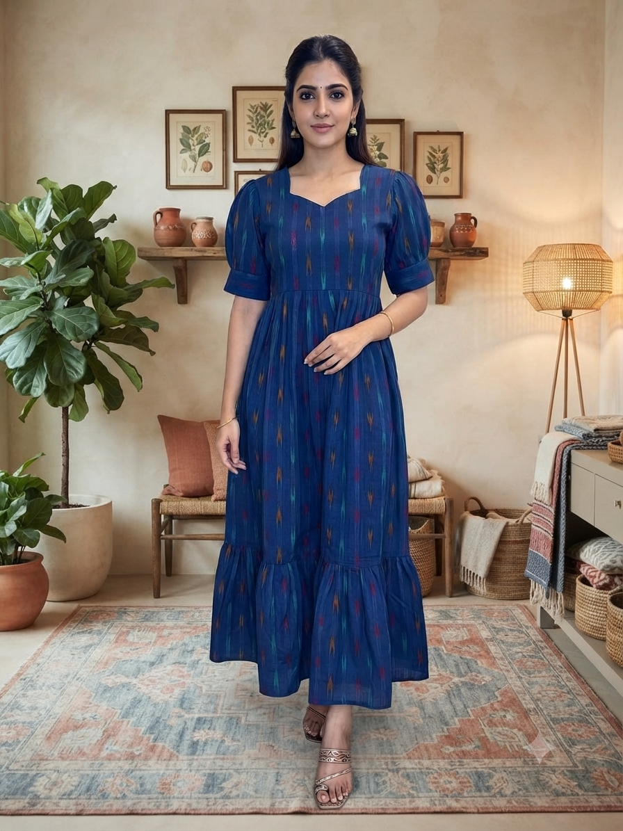 Royal Indigo Blue Multicolor Ikat Stripe Budget Friendly Frock