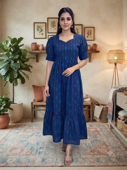 Royal Indigo Blue Multicolor Ikat Stripe Budget Friendly Frock