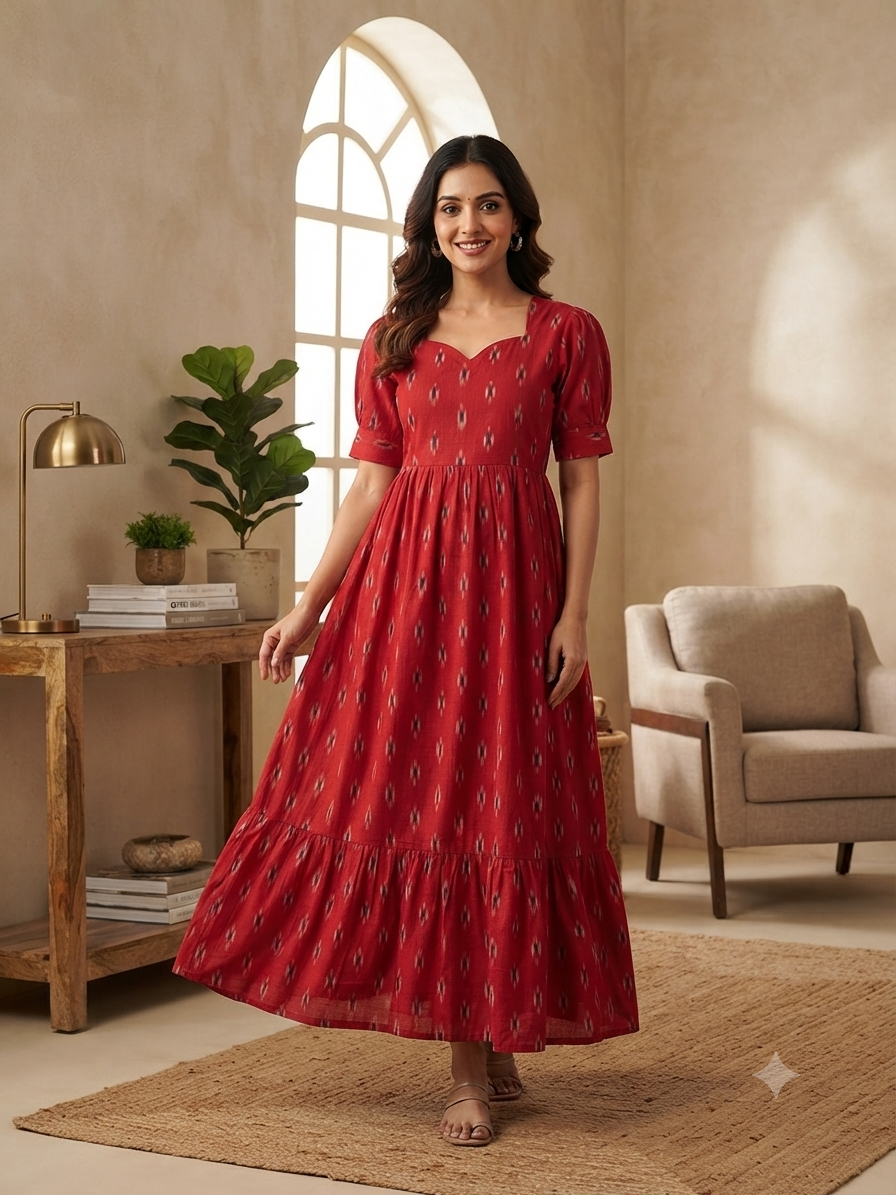 Ruby Red Classic Ikat Motif Budget Friendly Frock