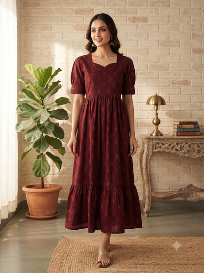 Deep Maroon Crimson Ikat Dash Budget Friendly Frock