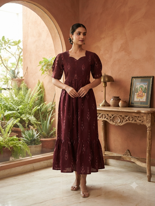 Burgundy Wine Traditional Ikat Motif Budget Friendly Frock