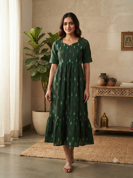 Forest Green Classic Ikat Dash Budget Friendly Frock