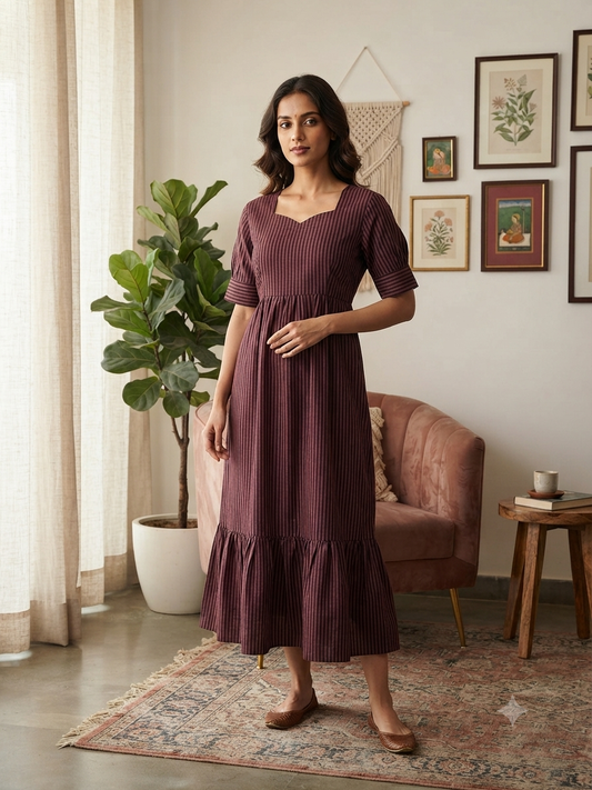 Maroon Stripe Print Budget Friendly Frock