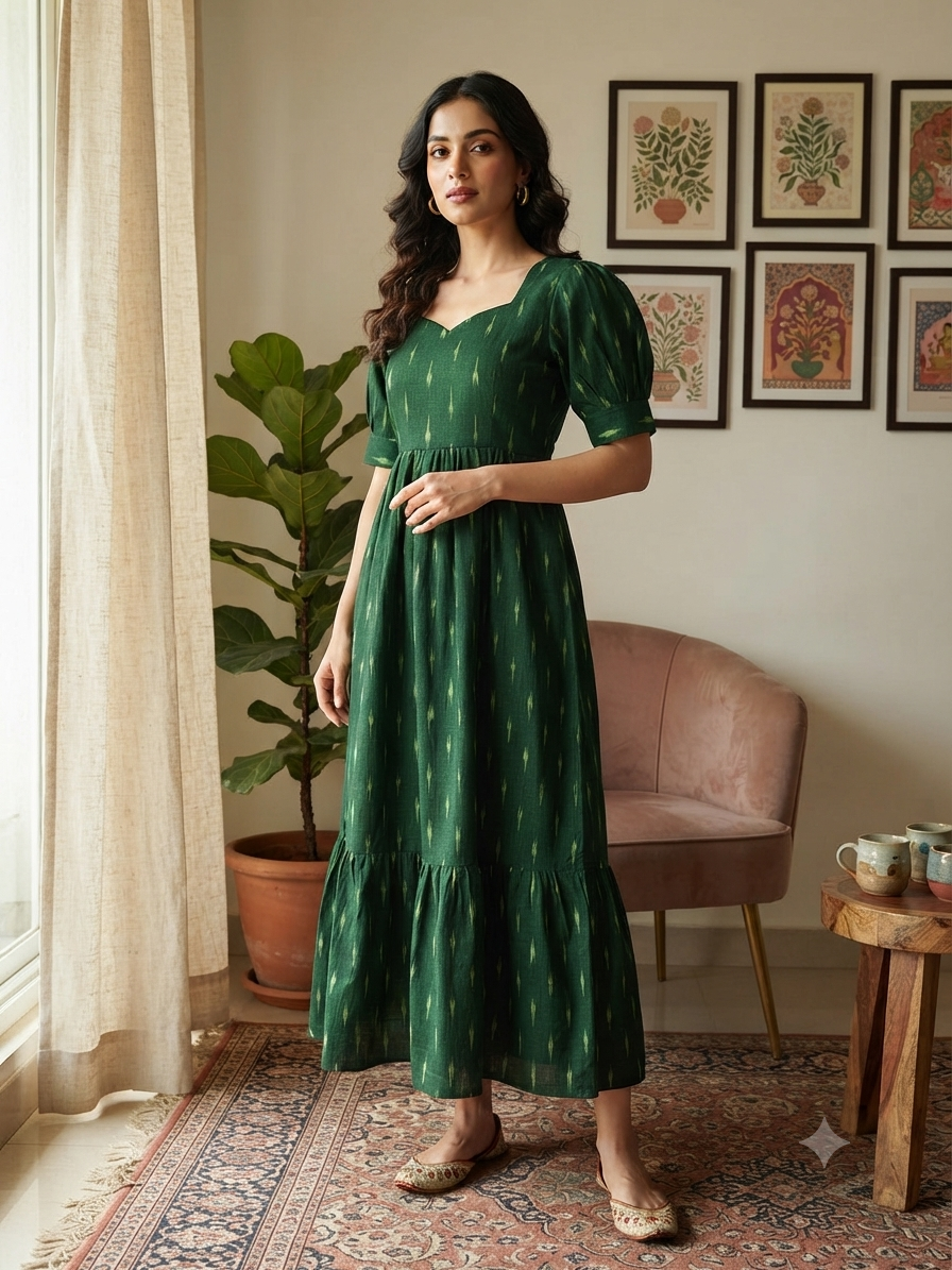 Emerald Green Golden Ikat Dash Budget Friendly Frock