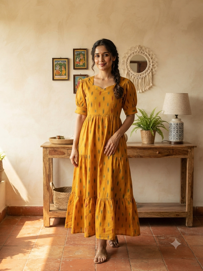 Mustard Ochre Multicolor Ikat Dash Budget Friendly Frock