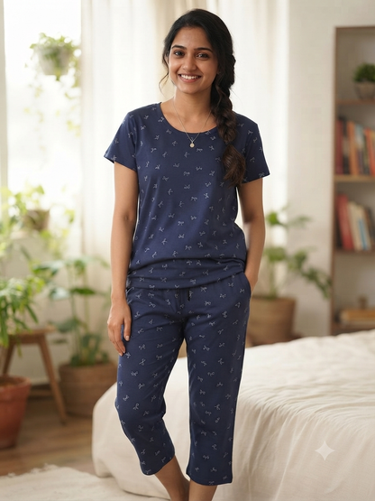 Navy Blue Bow Print T-Shirt and 3/4th Coords